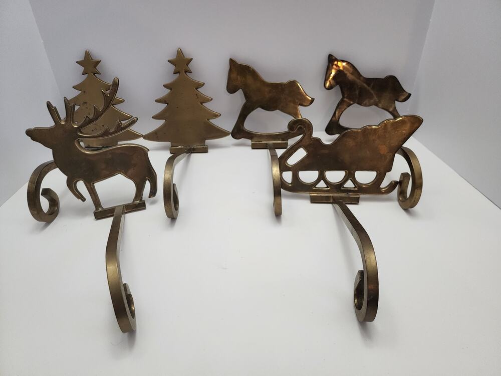 Vintage Brass Fireplace Stocking Hangers Christmas Set Of 6 Made India Heavy